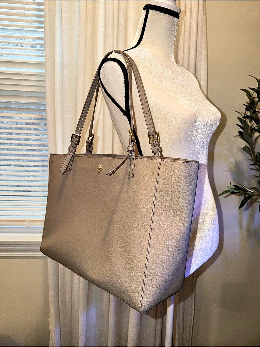 Tory Burch Emerson Saffiano York Buckle Tote Shoulder Bag Gray